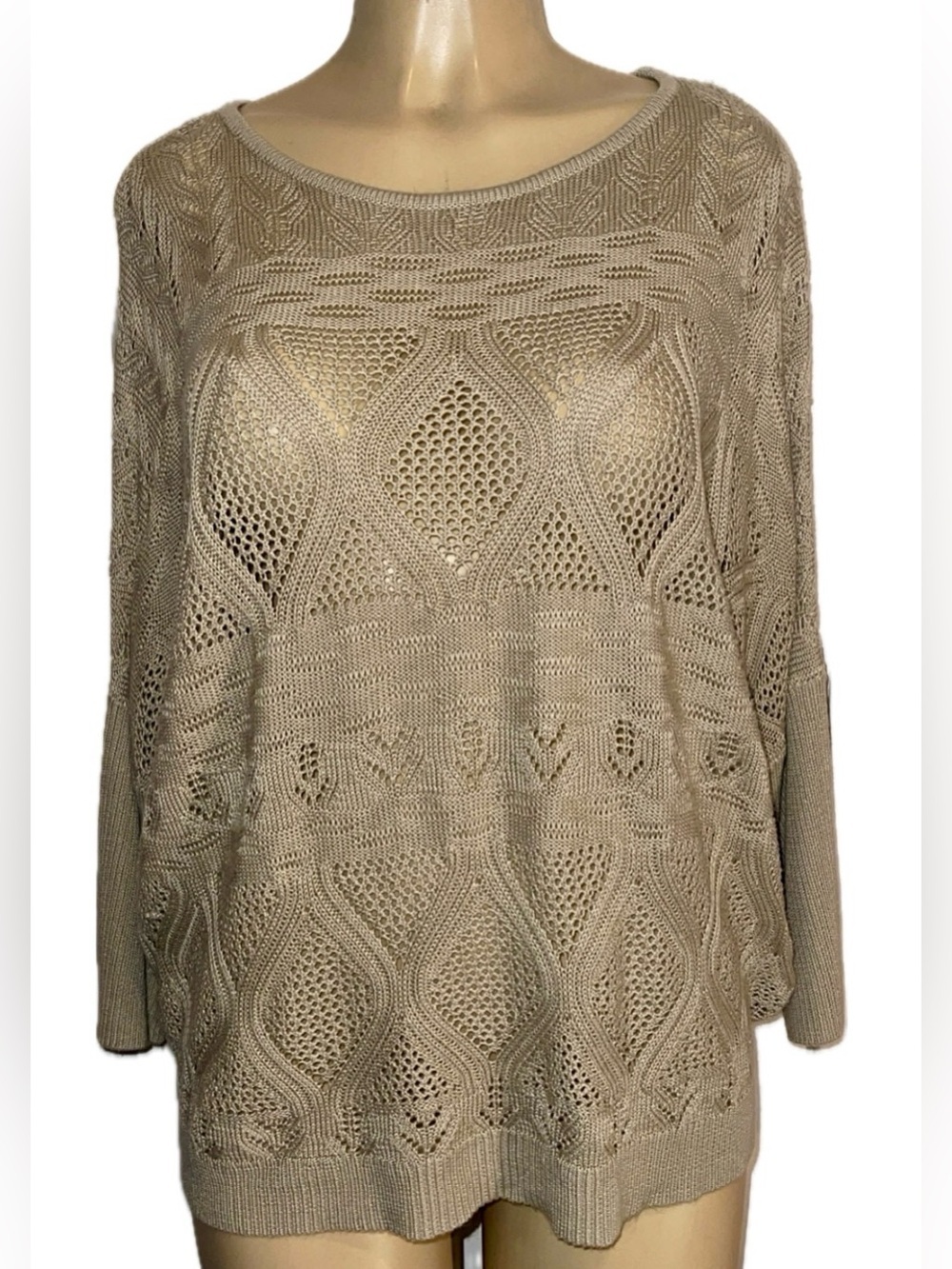 New York & Company Oversized Open Knit Batwing Sleeve Sweater Tan Large NWOT